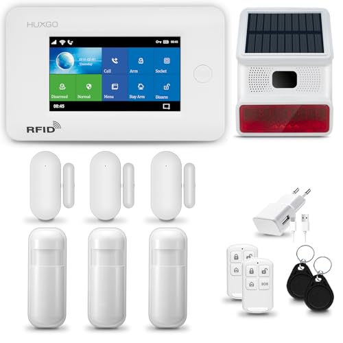HUXGO® HXA006 Antifurto casa wireless WiFi + GSM 4G con radio sirena solare| Kit allarme senza fili: 3x rilevatori di movimento, 3x sensori di allarme per finestre/porte | Per Casa, Appartamento