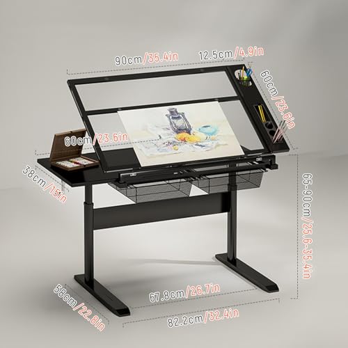 Adjustable Drafting Desk with Tiltable Glass Top for Artists Ideal for Home Office School and Study Room (Black 2*Side Tray)