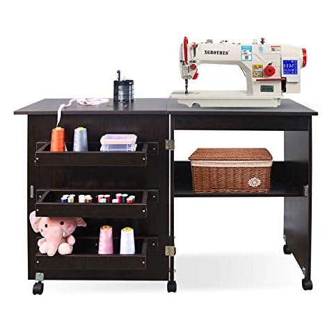 charaHOME Klappbarer Nähtisch, multifunktionaler Nähmaschinen-Wagen, Tisch, Nähen, Handwerk, Schrank, tragbarer Roll-Nähtisch, Computertisch mit feststellbaren Rollen (braun) Cover