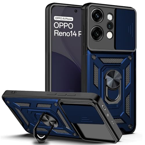 Image of AESTMO Tough Armor Oppo Reno 14 Pro 5G Bumper Back Case Cover | Ring Holder & Sliding Camera Shield Cover | 360 Degree Protection Back Case Cover for Oppo Reno 14 Pro 5G (Blue)