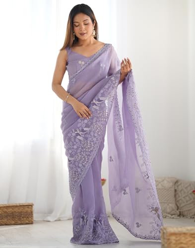 Image of SIRIL Women's Silk Blend Sequence Embroidery Saree With Unstitched Blouse Piece for Wedding and Parties