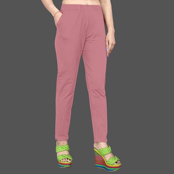 Image of Women's Solid Cotton Lycra Pants-High Waist Slim Fit Stretchable Leggings - Comfortable Long Trousers for Casual, Office & Everyday Wear