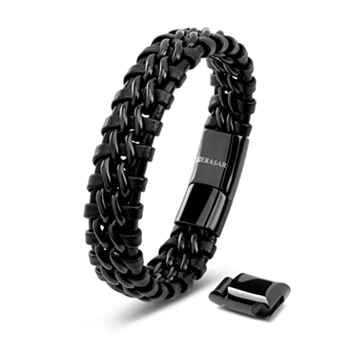 SERASAR Armband Männer 23cm Schwarz Lederarmband Herren Leder Armreif Herrenarmreif Armschmuck Schmuck Wickelarmband Kette Armbändchen Men Leather Bracelet