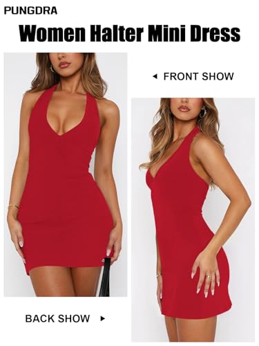 Image of Women's Sexy Halter V Neck Mini Dress for Women Summer Slim Fit Going Out Club Party Bodycon Short Dresses