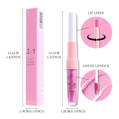 Image of evpct Pink Metallic Glitter Lip Liner and Lipstick Combo Lip Gloss Stain Set Makeup for Women Long Lasting Waterproof 24, Rose Pink Metallic Shimmer Frosted Iridescent Glossy Liquid Lipstick 21