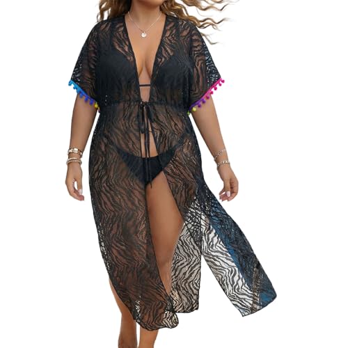 Kimono de playa de encaje con ajuste de cintura y talla extra cómoda 5