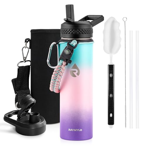 Image of RAYMYLO Insulated Water Bottle 20 oz, Triple Wall Vacuum Stainless Steel (Cold for 24Hrs, Hot for 12Hrs), Leak Proof & Non-BPA, Modern Water Bottle Jug for School with Straw Spout Lids