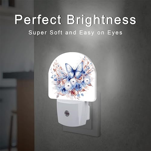 Image of Watercolor Butterfly and Flowers Night Light for Kids,Elegant Blue Floral Plug in Night Light with Dusk to Dawn Sensor, 0.5w Energy Saving Nightlight for Hallway Stairway Kitchen Bedroom