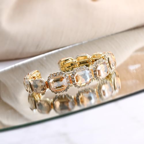 BriLove Women's Wedding Bridal Multi Emerald Cut Crystal Open Bangle Stretch Bracelet4