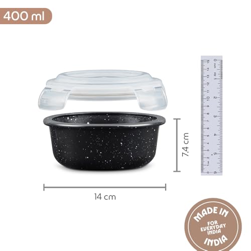 Image of Borosil 400 ml Pebble Black Food Storage Container with Air Tight Lid | Round Shape Borosilicate Glass Organiser | Microwave & Dishwasher Safe | For Fridge, Kitchen Storage