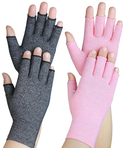 Happymart 2 Pairs Arthritis Gloves Hand Compression Gloves for Rheumatoid Pain Relief Carpal Tunnel Swelling Joint Support Driving Fingerless Gloves for Women Men (Black + Pink Medium)