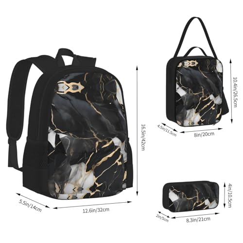 Light Black Marble Print 3 Piece Set Backpack, Lunch Bag, Pencil Case, Cute Sturdy For College And Travel4