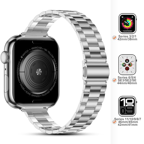 Thin Band Compatible with Apple Watch 42mm 41mm 40mm 38mm, Luxury Slim Lightweight Stainless Steel Bracelet for iWatch SE Series 12-1 Women, Silver - image 3