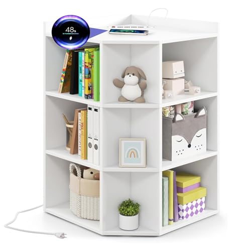 Image of Costzon Kids Corner Cabinet with Charging Station, Wooden Cubby Bookcase with USB Ports and Outlets, 3-Tier Kids Bookshelf, 9-Cube Toy Storage Organizer for Playroom, Bedroom, Living Room (White)