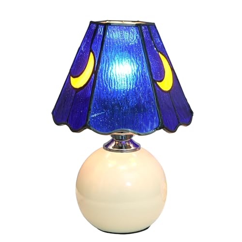 Image of KIPHEPI Mushroom Lamp Tiffany Lamp Stained Glass Table Lamp Moon Cute Small Bedside Lamps for Living Room Home Decor,Unique Aesthetic Home Living Room Decor Girls Women Birthday Day Gift,Blue