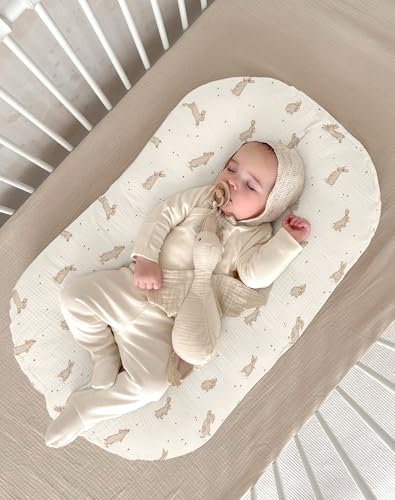 Image of Muslin Baby Lounger Cover 2 Pack, Soft Breathable Newborn Lounger Pillow Cover for Boys Girls Infant (Hopping Bunnies)