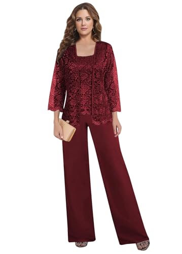 3 Pieces Mother of The Bride Pant Suits for Women Dressy with Jacket Lace Chiffon Long Sleeve Formal Wedding Outfit Wisteria 42