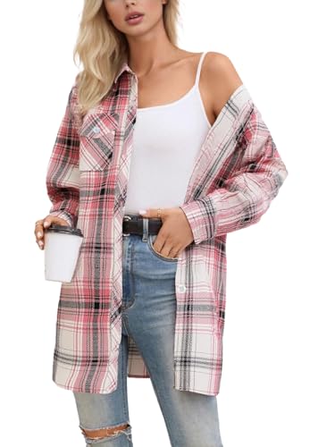 Image of SANGTREE Women and Girls Oversized Flannel Plaid Shirt Mid-Length Casual Button Down Shirt with Pockets