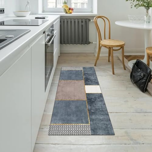 Alfombra moderna para pasillo azul y gris, lavable y de 70 x 300 cm 5
