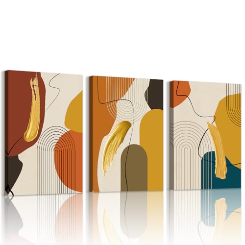 WENGTIAO 3 Pezzi Stampa su Tela Linee Geometrico Nordiche Con Cornice Quadro su Tela Astratto Arancione Oro Beige Verde Pittura Quadro Moderno Soggiorno Camera da Letto Decorazioni Parete 30x40cmx3