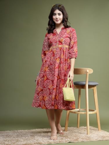 Image of Rama's Women's Printed Cotton One Piece Dress | V-Neck | 3 /4 Sleeves | Empire Waist | Knee Length Casual Dress for Women