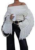 Unybwonn Women Off The Shoulder Fringe Cropped Sweater Long Sleeve Sexy Pullover Y2k Cute Streetwear Knit Tassel Top White