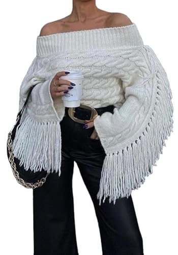 Unybwonn Women Off The Shoulder Fringe Cropped Sweater Long Sleeve Sexy Pullover Y2k Cute Streetwear Knit Tassel Top