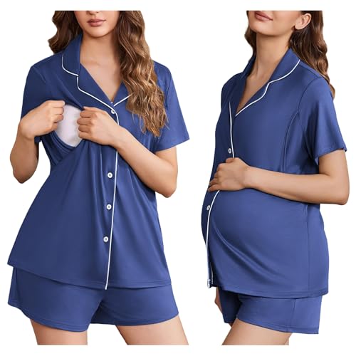 Image of Ekouaer Women's Maternity Nursing Pajama Sets Button Down Postpartum Pajamas Short Sleeve Breastfeeding Clothes