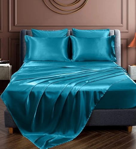 Image of COOLBEDS Satin Elastic Fitted Sheet & 2 Pillow Covers (Single, Teal)
