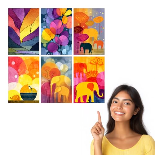 Image of SiddArtify Modern Abstract Wall Art Prints Set - Colorful Elephant Poster Decor for Living Room Bedroom Office - 8x12 Sticker Pack of 6