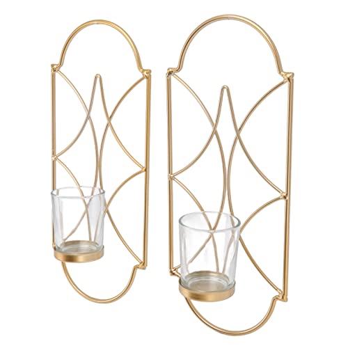 2Pcs Wall Mounted Candle Holder Iron Glass Sconces Decoration Accessories for Living Room Bedroom Gold Hanging Metal Wall Decorations (Gold)