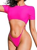 ChiaoLezhee Sexy One Piece Swimsuit, Cutout High Leg, Cut Out Two Piece Bathing Suit Bikini Monokini for Women 2 Pool Party String Waisted Glow, Neon Pink, Small
