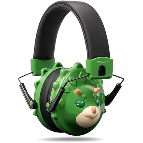 SCAVATA Kids Ear Protection, Noise Canceling Dinosaur Headphones Children Hearing Protectors, 26dB Noise Reduction Safety Earmuffs for Autism Kid Age 3-15, Green Cover
