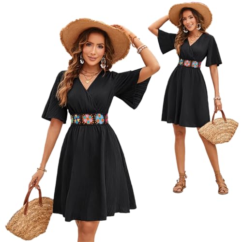 2025 Casual Short Summer Bohemian Dresses for Women Casual Flowy Puff Sleeve Knee Length Midi Sun Dress3
