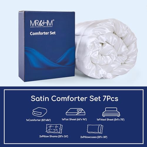 MR&HM Satin Comforter Full 7 Pieces - Luxurious Pinch Pleat Bedding Set with Comforter, Flat Sheet, Fitted Sheet, Pillowcases & Shams, Super Silky Soft Bed Set for All Season (Full, White)