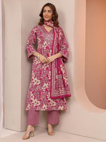 Image of Libas Printed Cotton Straight Kurta With Trousers and Dupatta | daily wear suit