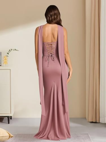 TORYEMY Satin Bridesmaid Dresses for Women Long Mermaid Strapless Pleated Formal Evening Dresses with Scarf3