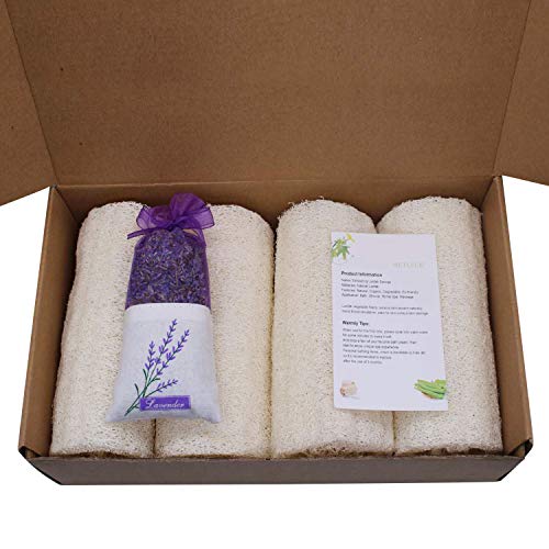 6" Natural Organic Loofah Sponges Premium Exfoliating Shower Bath Loofah Luffa Loofa Body Scrubbers Sponges for Bathing and Shower - 4 Pack + Lavender Sachet