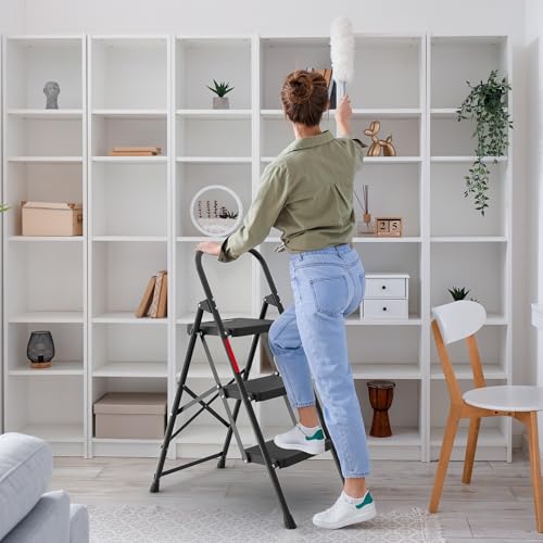 Image of BONTEC 3 Step Ladder, Capacity 600lbs with Wide Anti-Slip Pedals, Folding Steel Step Stool, Sponge Handlebar, Lightweight Portable Ladder Suitable for Home, Kitchen, Pantry, Indoor /Outdoor Use, Black