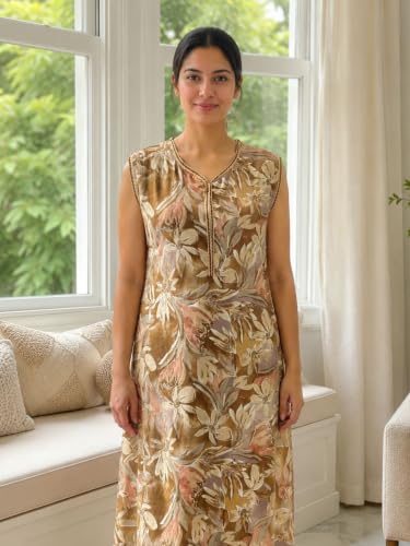 Image of 9shines Label Alpine Sleeveless Nighty | All Over Print Maxi for Women | Night wear for Women | Full Length Night Gown for Women | Night Dress for Women Stylish (Alpine Sleeveless 24)