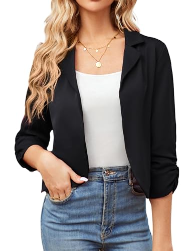GRACE KARIN Damen Offene Blazer Business Casual Cropped Blazerjacke 3/4 Ärmel kurz Leicht Jacke Mantel Strickjacke Cardigan 2XL Schwarz-Anzugstoff...
