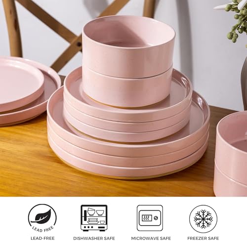 Image of AmorArc Ceramic Dinnerware Set for 8 | Speckled Stoneware Plates and Bowls with Rustic Terracotta Underside| Scratch Resistant,Dishwasher & Microwave Safe Dishes Sets- 24pcs Pink