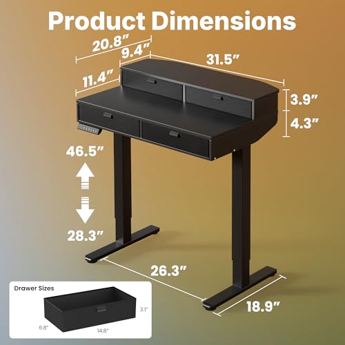 Image of HUANUO 32 X 20 inch Electric Standing Desk with 4 Drawers, Adjustable Height Sit Stand Home Office Desk, C-Clamp Mount Compatible, Ergonomic Stand up Desk with 4 Preset Heights, Black