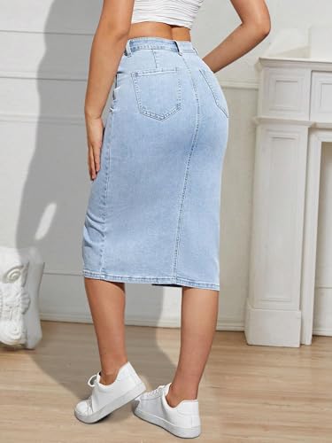 High Waisted Front Split Midi Denim Skirt Casual Stretch Knee Length A line Jean Skirt for Women2