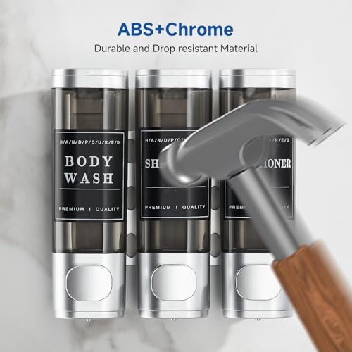 Image of Shower Soap Dispenser Wall Mounted No Drill Shampoo Dispenser for Shower Wall Shampoo and Conditioner Dispenser Bathroom Hotel 3 * 300ml with Waterproof Labels Sliver