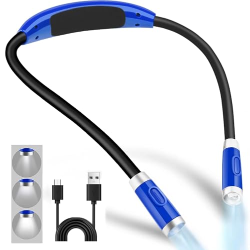 Luz de lectura para el cuello, luz de libro recargable para leer en la cama, 3 modos de brillo, brazos flexibles, larga duración, perfecta para leer, tejer, acampar, reparar (azul