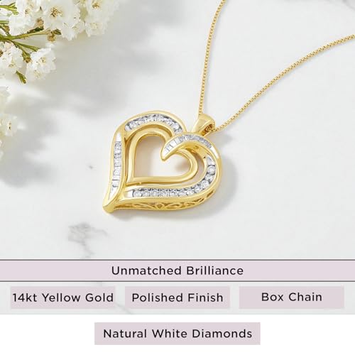 Jewelili Heart Pendant Necklace for Women | Fine Jewelry with Natural White Round & Baguette Diamonds 1/4 or 1/2 CTW | Sterling Silver or Yellow / Rose Gold Plated | 18" Box Chain | Birthday Gift for Her2