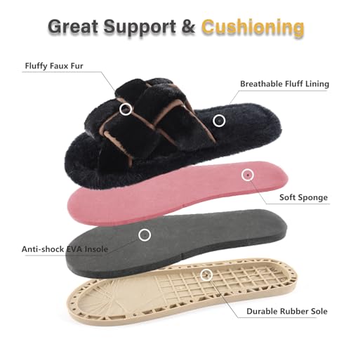 Image of Fur Story Women's Furry Slippers Open Toe Fuzzy Slippers Memory Foam Fluffy House Sandal
