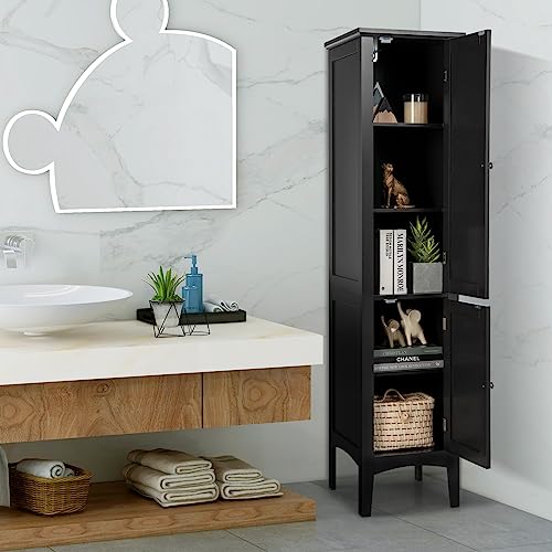 COSTWAY Tall Bathroom Storage Cabinet, 5-Tier Freestanding Linen Tower Cabinet with 2 Doors, Wooden Side Storage Organizer, Narrow Slim Floor Cabinet for Bathroom, Living Room, Kitchen (Black) - Image 4