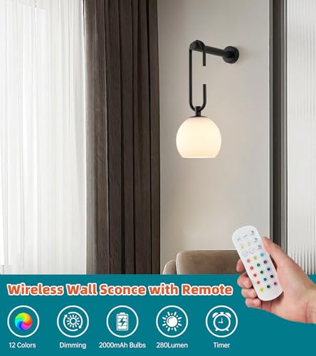 Image of Glass Globe Wall Sconces Set of 2, Battery Operated Wall Light with Remote, Indoor Wireless Wall Lights with Dimmable 12RGB Colors Light Bulbs for Bedroom Living Room Hallway(Black)